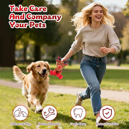 Christmas Dog Toys, Tough Dog Squeaky Toys with Crinkle Paper, Interactive Plush Puppy Chew Toys,Cute Christmas Reindeer Dog Toys, Adorable Dog Gifts for Small, Middle,Large Dogs