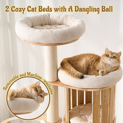 Modern Cat Tree Tower with Scratching Post, 61.5in Tall Cat Tree for Indoor Cats, Multi-Level Solid Wood Cat Furniture with Cozy Cat Beds, Condo, Hammock, Capsule Nest, Turntable Toy, Natural
