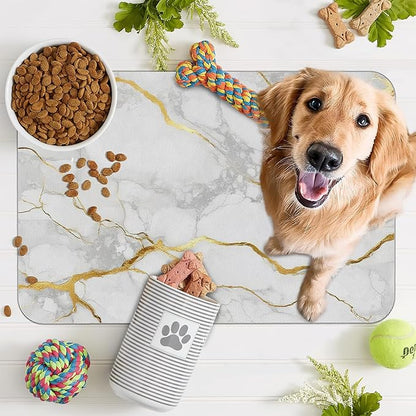 Marble Dog Food Mat for Floors,White Gold Marble Absorbent Quick-Dry Pet Feeding Mat,Cat Dog Bowl Mats for Food and Water,Non-Slip Pet Accessories Supplies 16"x24"