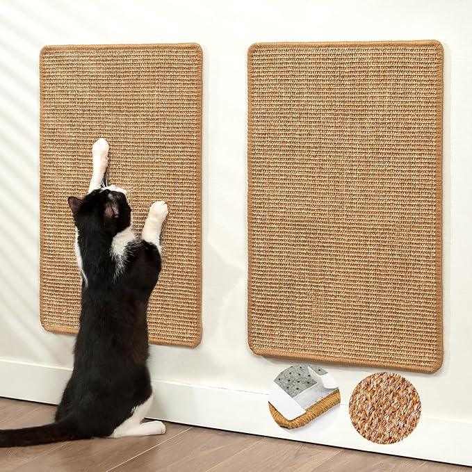 Cat Scratcher Mat,Sisal Cat Scratch Pad with Hook&Loop Tape,Wall Floor Kitten Scratching Pads Rug for Indoor,Furniture Protector for Couch&Carpets&Sofas,Kitty Bithday Gifts,Medium,Brown,2 Pack