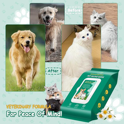 20PCS Pet Cleaning and Deodorizing Grooming Glove Wipes for Dogs and Cats, Extra Thick Nourish Fur No-Rinse Grooming Wipes for Daily Care and Travel, Hypoallergenic
