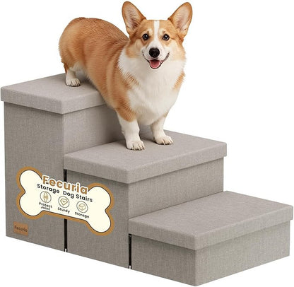 3-Step Wide Dog Stairs with Hidden Storage 18" H, Non-Slip Dog Steps for High Bed Couch Window Car, Jiont-Friendly Pet Stairs Ramp for Small/Medium/Large Old Dogs Cats Up to 200lbs, Grey
