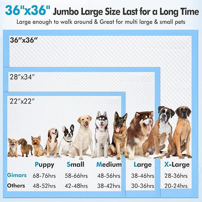 Gimars 36x36 4XL Large Pee Pads for Dogs - 150 Counts Extra Absorbent Puppy Training Pads 6 Layers Thicken, Jumbo Disposable Leak-Proof Quick Dry Wee Wee Pads for Dogs Cats Rabbits Pets