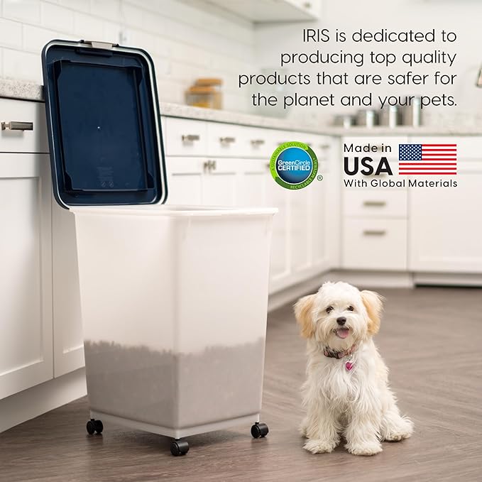 IRIS USA Dog Food Storage Container, Up to 54 Pounds, Attachable Wheels, For Dog Cat Bird and Other Pet Food Storage Bin, Keep Fresh, Easy Mobility - Made in USA, Navy/Pearl