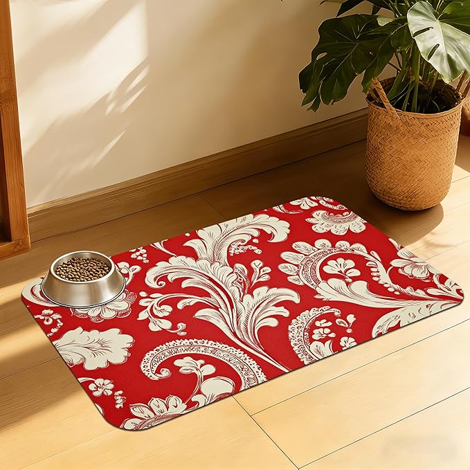 Red White Paisley Pet Food Mat, Absorbent Feeding Pad for Dogs and Cats, Waterproof Anti-Slip Base – 16x24 Inch
