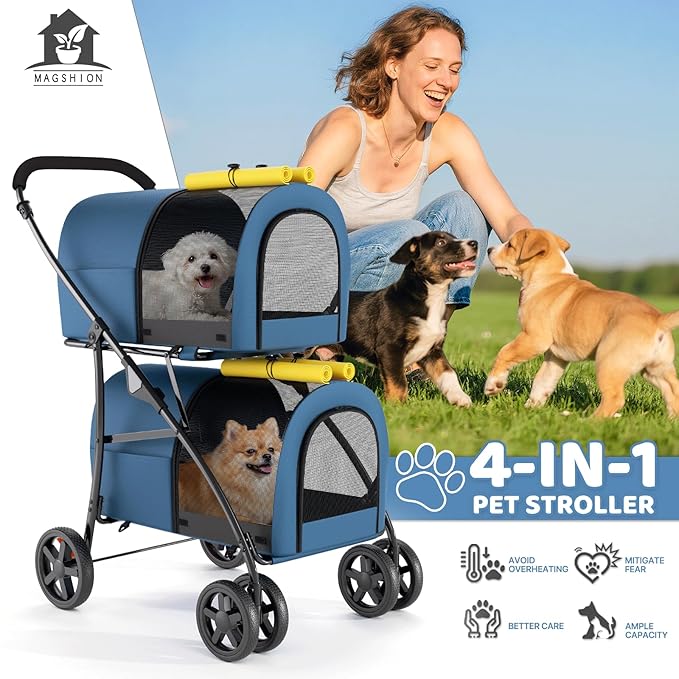 Magshion Double Dog Stroller with 2 Detachable Carrier Bags, 4-Wheel Folding Pet Travel Strolling Cart with Storage Pocket for Small-Medium Dogs & Cats Puppy, Navy Blue/Yellow