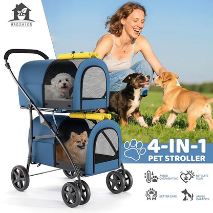 Magshion Double Dog Stroller with 2 Detachable Carrier Bags, 4-Wheel Folding Pet Travel Strolling Cart with Storage Pocket for Small-Medium Dogs & Cats Puppy, Navy Blue/Yellow