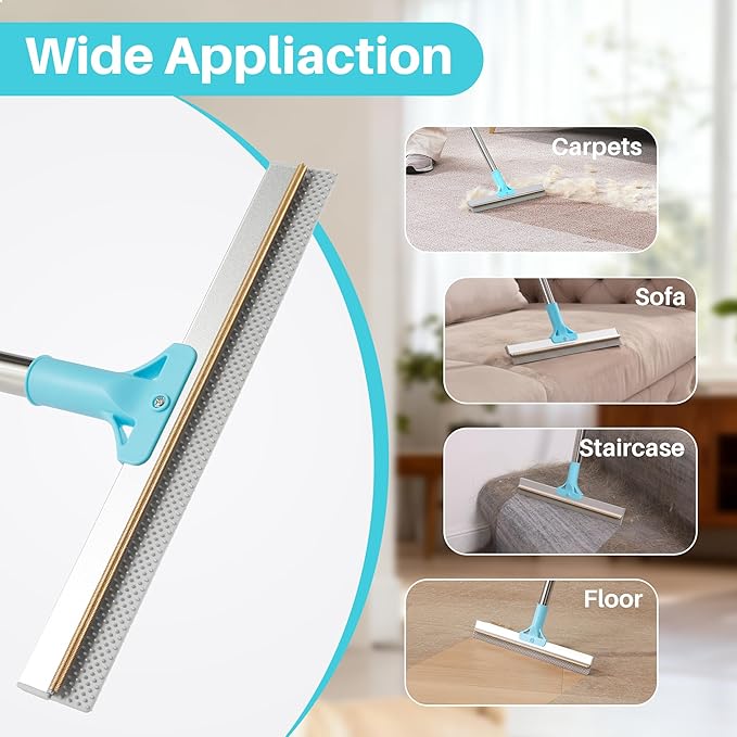 JOYMOOP Pet Hair Removal Tool, 63" Adjustable Long Handle Carpet Rake, Cat Dog Hair Carpet Rake with Metal and Silicone Scraper for Carpet, Sofa, Cloth