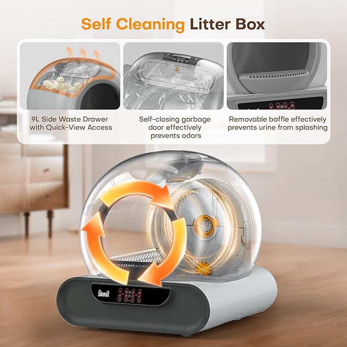 Automatic Cat Litter Box,Self Cleaning Litter Box,65L Automatic Cleaning Robot Litter Boxes,Gray Auto Litter Box with App Control,Self Cleaning Litter Box for Multiple Cats Kitty,Dual Safety Sensors