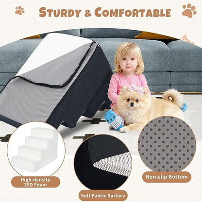 Dog Stairs for Small Dogs, 3 Step Dog Stair for High Bed and Couch, Non-Slip High Density Foam Sturdy Pet Steps with Removable Washable Cover for Older Cat