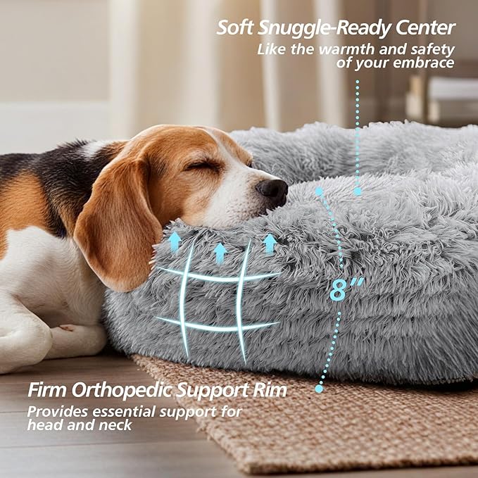 JOLLYVOGUE Calming Dog Bed Medium Size Dog, 31in Donut Washable Medium Pet Bed, Anti-Slip & Anti-Anxiety Fluffy Faux Fur Round Dogs Bed, Fits up to 45 lbs Pets (Smoke Grey)