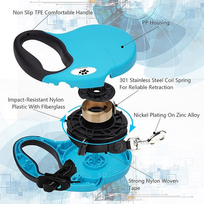 16 ft Retractable Dog Leash for Large Dogs up to 110 lbs,Tangle-Free Nylon Tape,Blue L