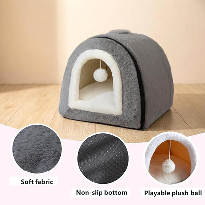 Cat Bed for Indoor Cats，Foldable cat cave，Anti-Slip & Water-Resistant Bottom，cat Houses for Indoor Cats or Small Dogs, Kitten Tent, Rabbit Bed，2 in 1 pet Bed (Dark Grey)