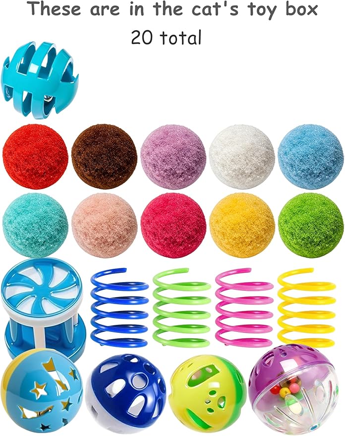 20 Pack Cat Toys Balls Indoor Kitten Set with Bell Balls Plush Balls Colorful Springs Interactive Safe Long-Lasting Toys for Kittens and Adult Cats (1.5'' - 2.3'')