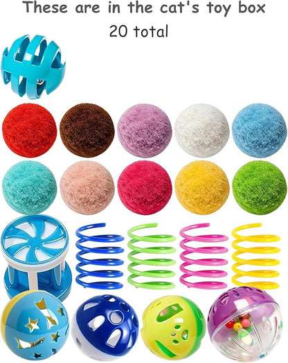 20 Pack Cat Toys Balls Indoor Kitten Set with Bell Balls Plush Balls Colorful Springs Interactive Safe Long-Lasting Toys for Kittens and Adult Cats (1.5'' - 2.3'')