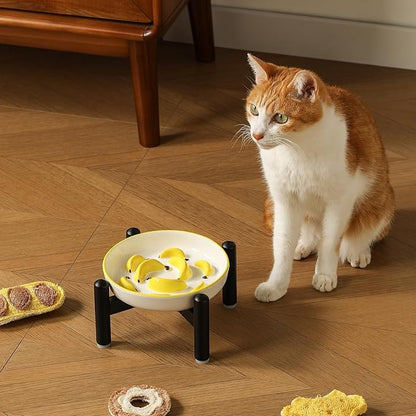 Elevated Slow Feeder Cat Bowl - Ceramic Cat Food Plate with Anti-Slip Stainless Steel Stand - Shallow Maze Dish for Slow Eating - Yellow