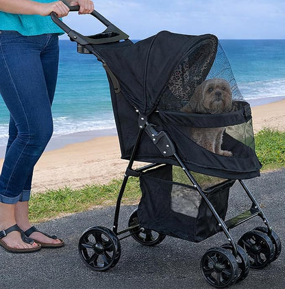 Pet Gear Happy Trails Lite Pet Stroller for Cats/Dogs, Zipper Entry, Easy Fold with Removable Liner, Safety Tether, Storage Basket, Cheetah Print