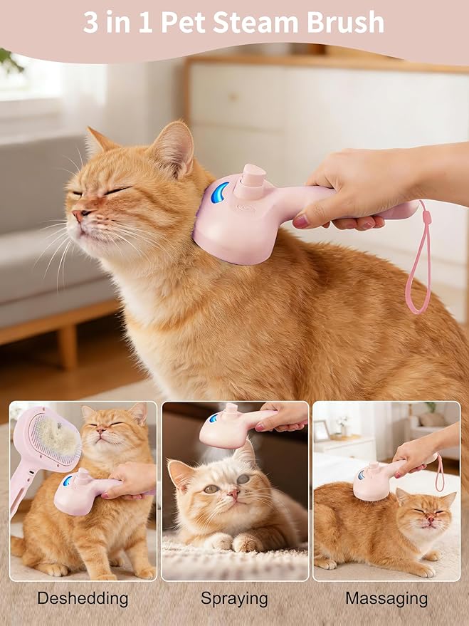 Dog Steam Brush Self Cleaning 3 in 1 Cat Steam Brush for Hair Shedding Massaging Grooming,Reducing Flying Fur & Static,Spray Comb with Storage String for Long Short Haired Furry Pets - Pink