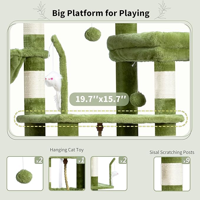 Cat Tree, Cat Tower for Large Cats with 2 Big Platforms, 2 Baskets, condo and Toys, 63" Cat Scratching Posts for Indoor Cats, Green GCT020GR