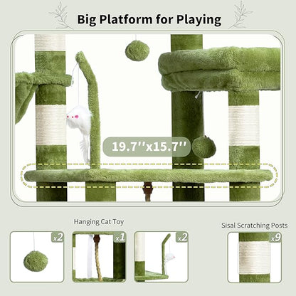 Cat Tree, Cat Tower for Large Cats with 2 Big Platforms, 2 Baskets, condo and Toys, 63" Cat Scratching Posts for Indoor Cats, Green GCT020GR