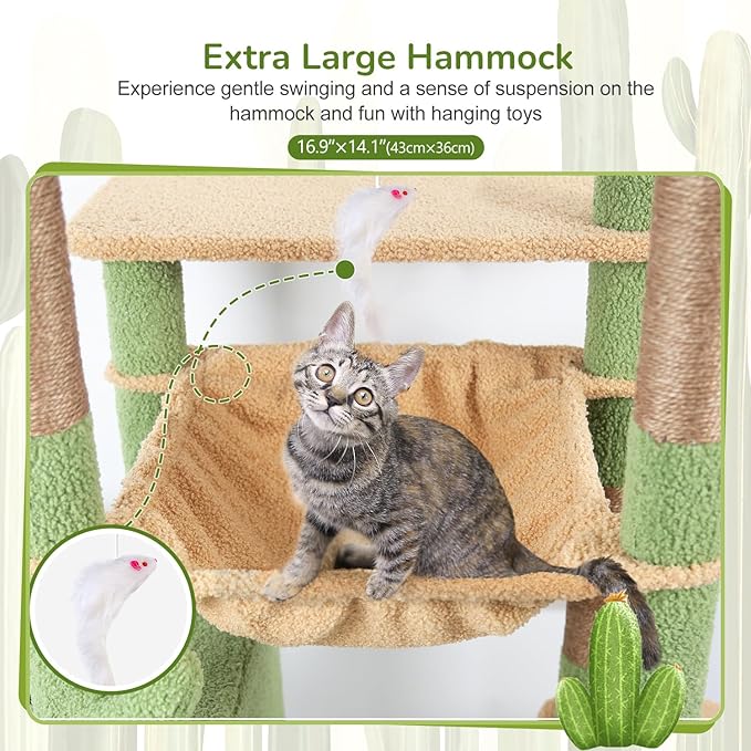 Globlazer Large Cactus Cat Tree Tower, 70in Tall Heavy Duty Green Cat Tree for Indoor Cats Sturdy Cat Tower with Scratching Post and Board, Hammock, Cat Condos for Adult Cats Kittens, F70 Pro, Green