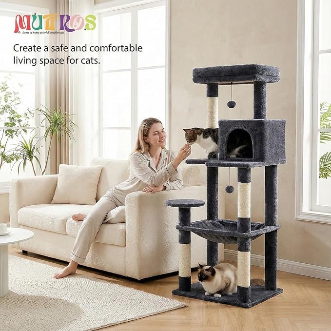Cat Tree for Large Cats with Metal Plush Big Hammock, 56.3" Cat Tower for Indoor Cats with 2 Door Condo House, 6-Tier Cat Shelves with Scratching Posts and Large Top Perch, Dark Gray