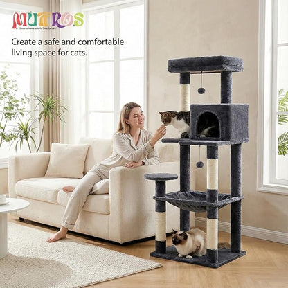 Cat Tree for Large Cats with Metal Plush Big Hammock, 56.3" Cat Tower for Indoor Cats with 2 Door Condo House, 6-Tier Cat Shelves with Scratching Posts and Large Top Perch, Dark Gray