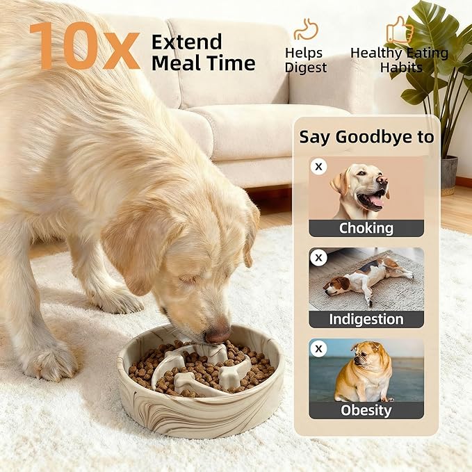 Stoneware Slow Feeder Dog Bowls Small Breed, 0.6 Cups Slow Eating Dog Bowl with Marble Pattern Design, Weighted Anti Gulping Food Bowl, Non Slip Puzzle Maze Pet Dishes for Fast Eaters, 6 inch