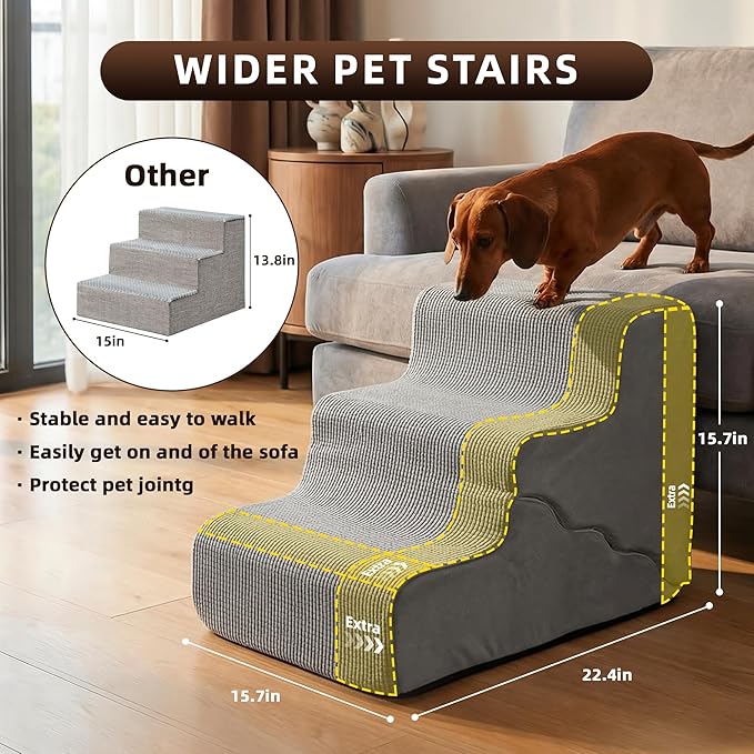 Pet Dog Stairs for Small Dogs, 2 in 1 Transformable 3-Step Pet Stairs and Wave Anti-Fall Slope for Short Legs and Long Legs Dog, for Couch (12-19 in) with Durable Non-Slip Waterproof Cover（Grey）