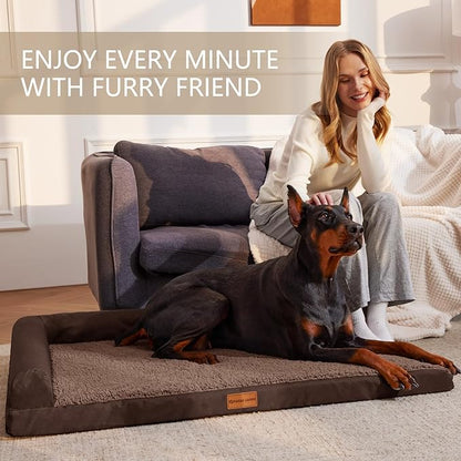 Patas Lague Orthopedic XL Dog Bed Large Sized Dog 42''X28'', Waterproof L Bolster Big Large Pet Sofa Beds with Removable Washable Cover, Soft Comfortable Pet Couch Crate Mat with Nonskid Bottom, Brown