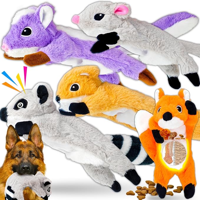 5-Pack Fluff-Free Squeaky Dog Toys - Crinkle No-Stuffing Body & Lightly Filled Head with Treat Hiden Pocket, Dog Toys Bundle for Aggressive Chewers Small Medium Large Dogs to Keep Them Busy