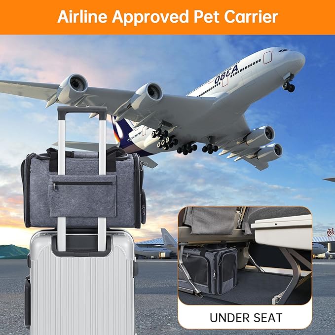 Cat Carrier Pet Travel Carrier by Airplane Approved Under seat, TSA Airline Approved Soft-Sided Dogs Carrier Bag for cat,Dogs,17.5 x 8.5 x 11 inches,Grey