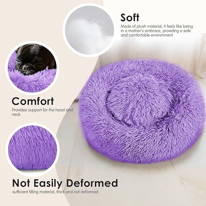 Hoewina Dog & Cat Bed, 20in Cat Beds for Indoor Cats, Calming Donut Bed for Puppy and Kitten, Washable Round Fluffy Pet Bed for Small Medium Dogs and Cats (Purple)
