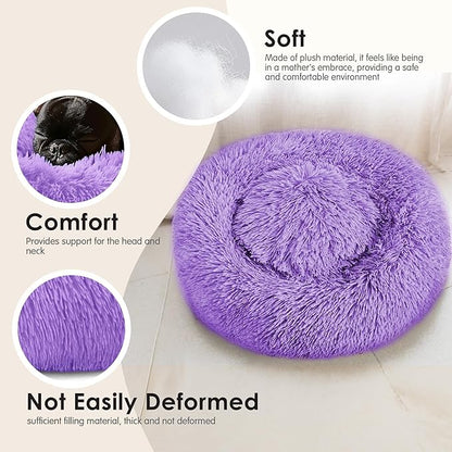 Hoewina Dog & Cat Bed, 20in Cat Beds for Indoor Cats, Calming Donut Bed for Puppy and Kitten, Washable Round Fluffy Pet Bed for Small Medium Dogs and Cats (Purple)