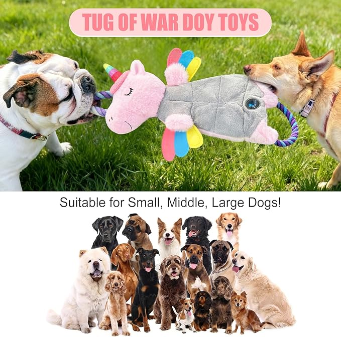 Interactive Squeaky Dog Chew Toy, Tough Plush Dog Toys for Chewers, Small, Medium & Large Dogs, Plush with Double Rope Handles for Tug of War, Mess-Free, Pink