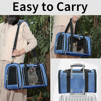 Soft-Sided Cat/Dog/Pet Carrier, Collapsible Pets Travel Carriers for Big Cats/Small Dogs with Shoulder Strap & Removable Mat, Mesh Puppy Carry Bag, Up to 16 Lbs, TSA Airline Approved(Blue)