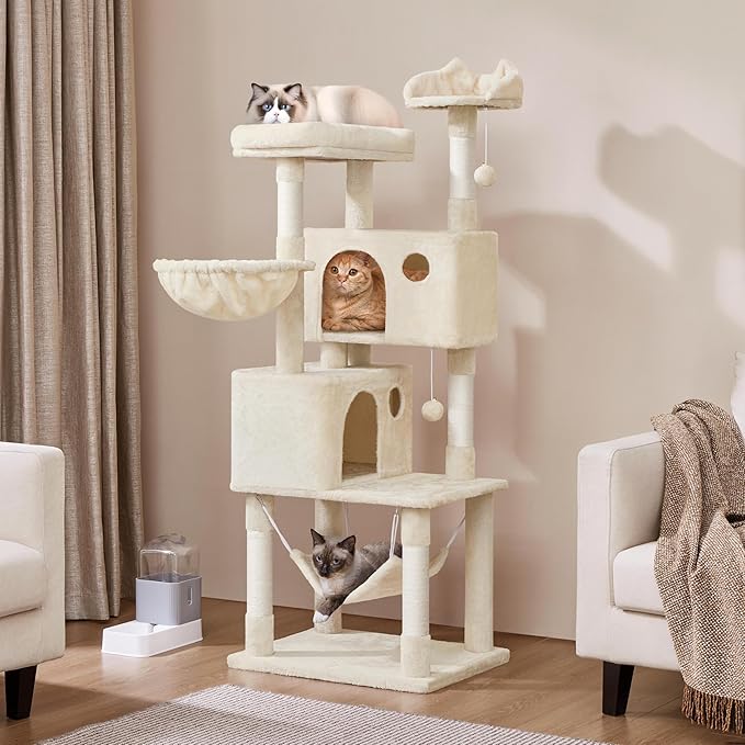 Yaheetech 64.5in Cat Tree Cat Tower Scratching Post, Plush Cover Cat Condo Bed Furniture with Hammock, Platform, Perch for Extra Large Cats as Playing House