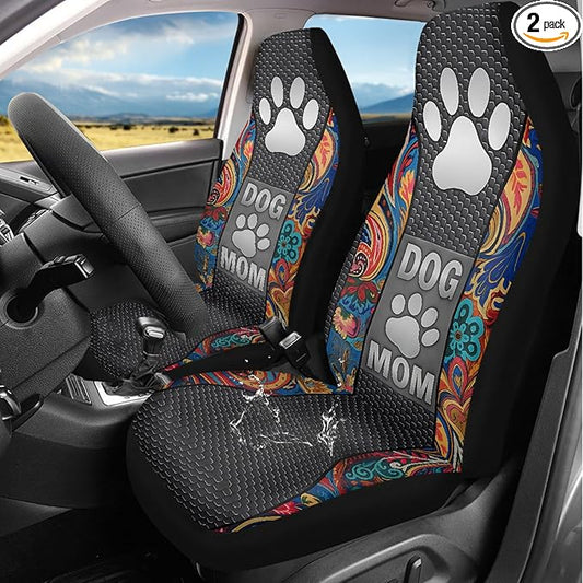 Dog Mom Paw Car Seat Covers Front Seats Boho Flower Waterproof Front Seat Covers Auto Interior Decor Bucket Seat Covers Suitable for Cars, SUV and Trucks