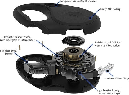 TUG Oval 360° Tangle-Free Retractable Dog Leash with Integrated Waste Bag Dispenser (Medium, Black)