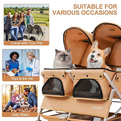 Double Pet Stroller for 2 Small Dogs & Cats, Side-by-Side Twin Travel Carriage with Safety Leashes, Mesh Windows & Double Storage Baskets, Lightweight & Foldable, 44lbs Capacity, White