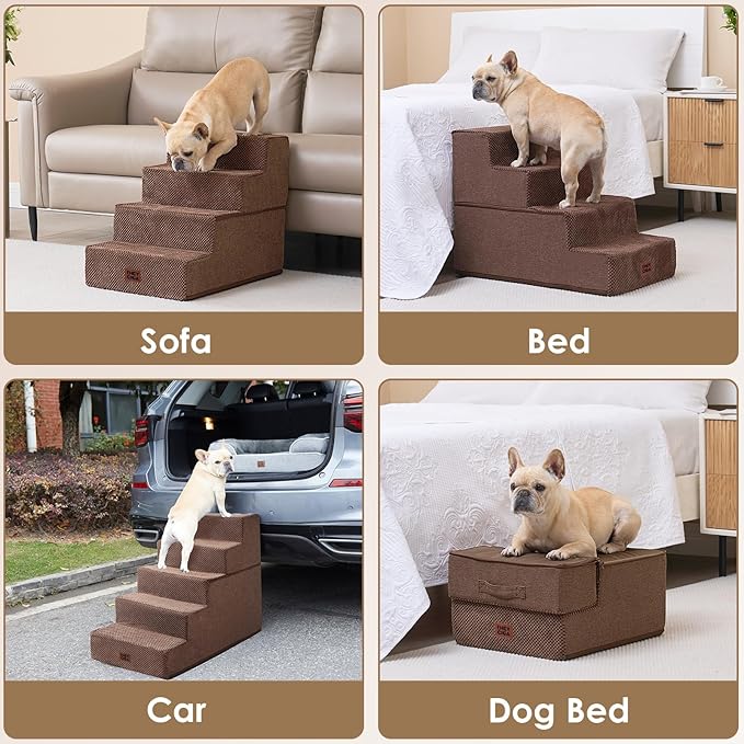 EHEYCIGA Dog Stairs for Bed 18" H, 4-Step Dog Steps for High Bed, Pet Steps for Small Dogs and Cats, Non-Slip Balanced Pet Indoor Ramp, Brown