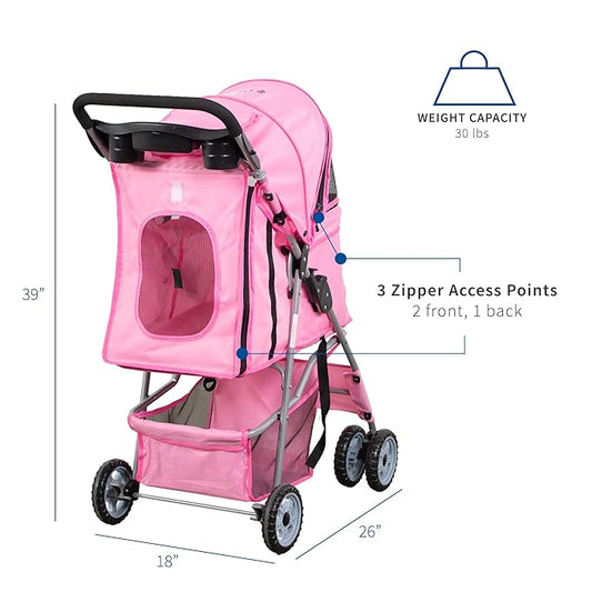 VIVO Pink 4 Wheel Pet Stroller for Cat, Dog and More, Foldable Carrier Strolling Cart, STROLR-V001N