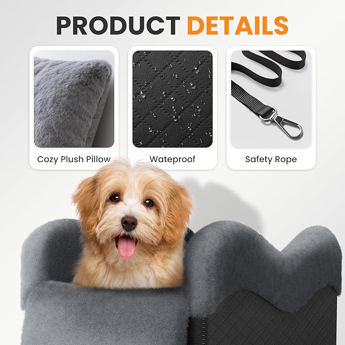 Portable Small Dog Seat for Car, Luxury Center Console Dog Car Seat Booster with Safety Tethers, Anti-Collapse Pet Travel Carseat for SUV, Truck (Black/Grey)