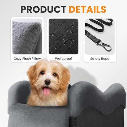 Portable Small Dog Seat for Car, Luxury Center Console Dog Car Seat Booster with Safety Tethers, Anti-Collapse Pet Travel Carseat for SUV, Truck (Black/Grey)