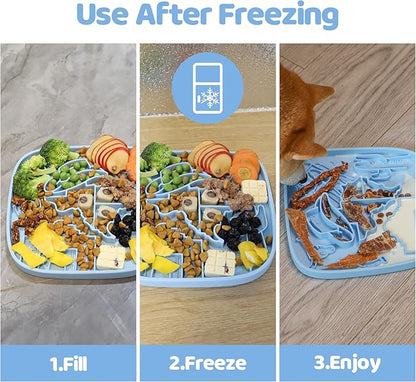 Puzzle Feeder Snuffle Mat and Lick Mat for Dogs,Texas Textured Slow Feeder, 0.75 Inch Thin Silicone Mat Holds 3 Cups, Dishwasher and Microwave Safe, Blue