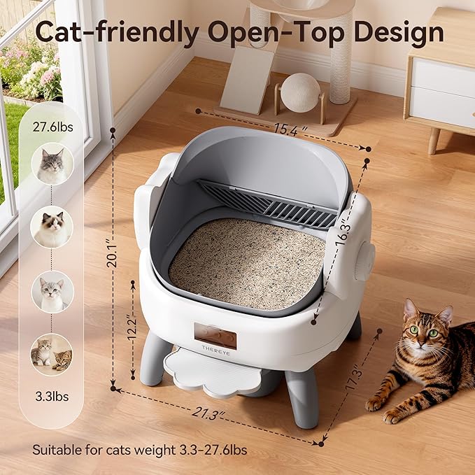 Thereye Automatic Litter Box with Entry Step, Open-Top Self Cleaning Litter Box for Multiple Cats, 11 Safety Protections & App Control, Odor Control Smart Cat Litter Box with Trash Bags/Litter Mat