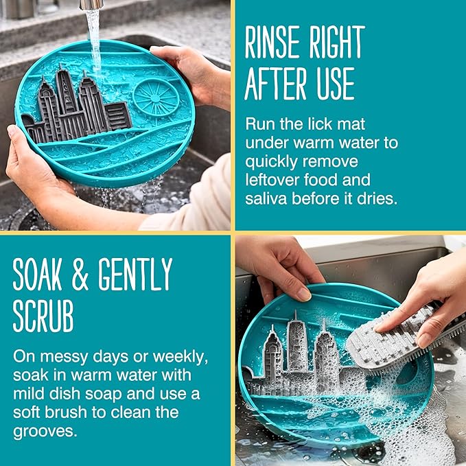 Messy Mutts and Cats Interactive Slow Feeder | Urban City Blue - 2 Cup Capacity | 8” Round Silicone Puzzle Slow Feeder for Dogs/Cats | Enrichment Food Dish for Slow Eating, Bloating