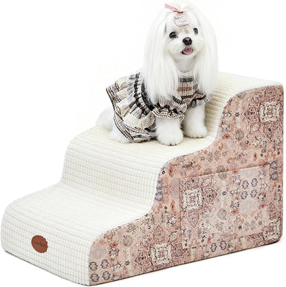 15.7” H Ramp Dog Stairs for Small Dogs, Printed Fabric 3 Tier Wider Curved Pet Stairs for Couch and Beds，Non-Slip Bottom for Old Cats with High-Density Foam and Washable Cover