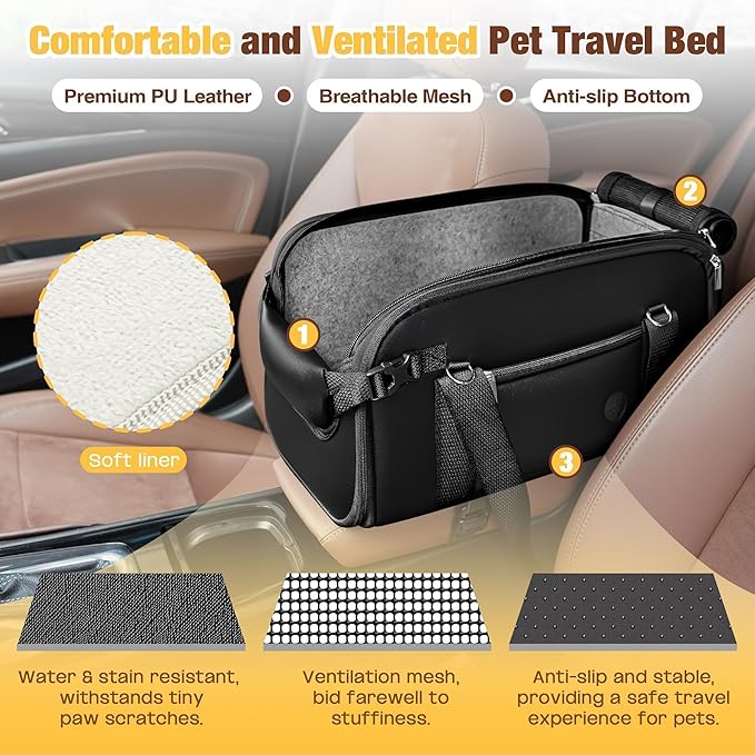 YUDODO 2-12lbs Center Console Dog Car Seat, Anti-Slip Pet Cat Booster Seat for Small Dogs, Portable Puppy Bed Carseat Carrier PU Leather Black