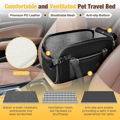 YUDODO 2-12lbs Center Console Dog Car Seat, Anti-Slip Pet Cat Booster Seat for Small Dogs, Portable Puppy Bed Carseat Carrier PU Leather Black